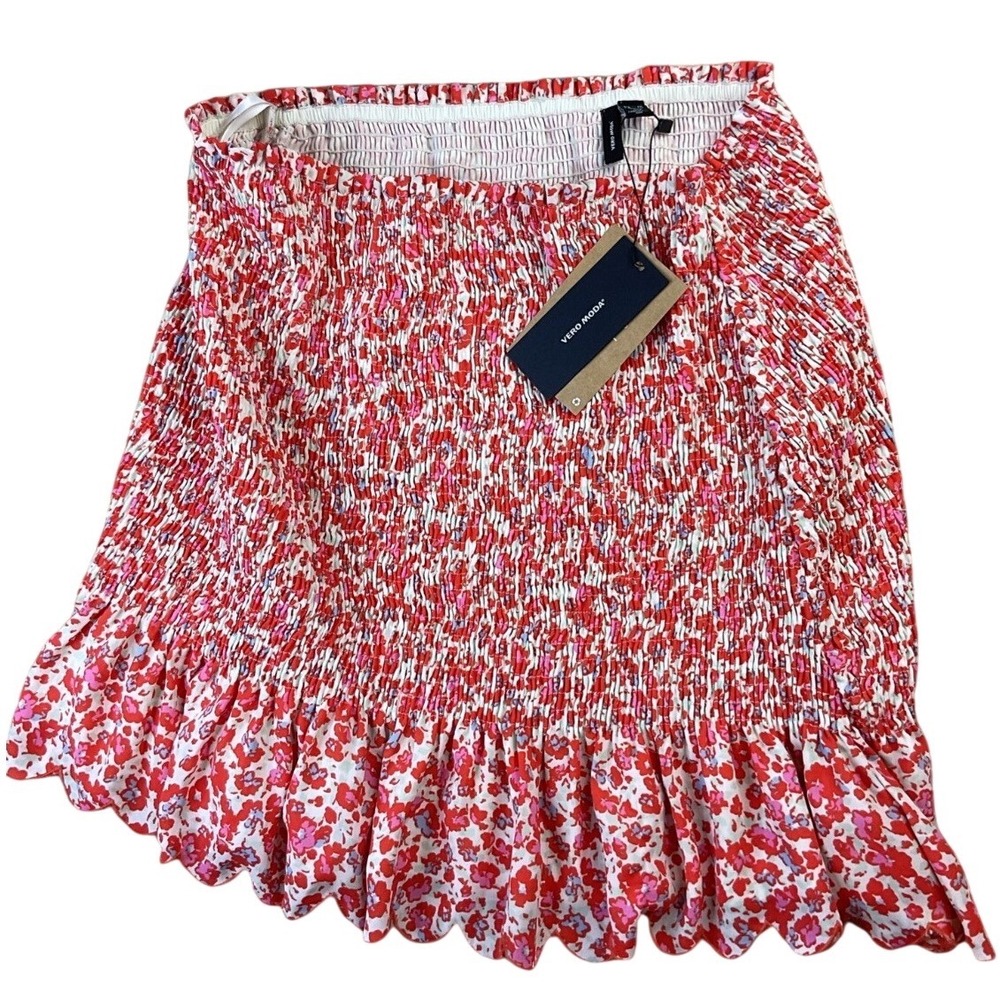 Vero Moda Nica Skirt Womens XL Floral Print High Rise Smocked Cherry Tomato NWT